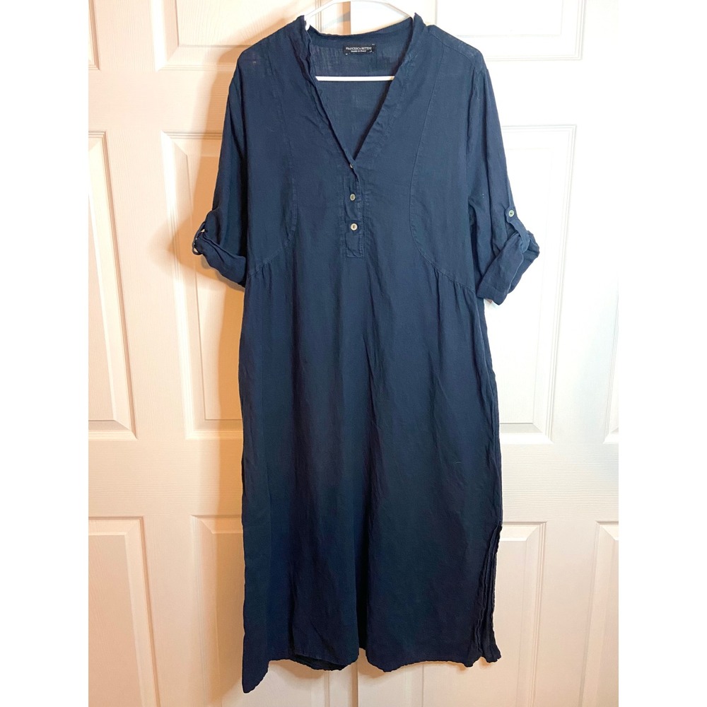 Francesca Bettini Italy Navy Blue Linen Blend Roll Tab Midi Dress L 23A640